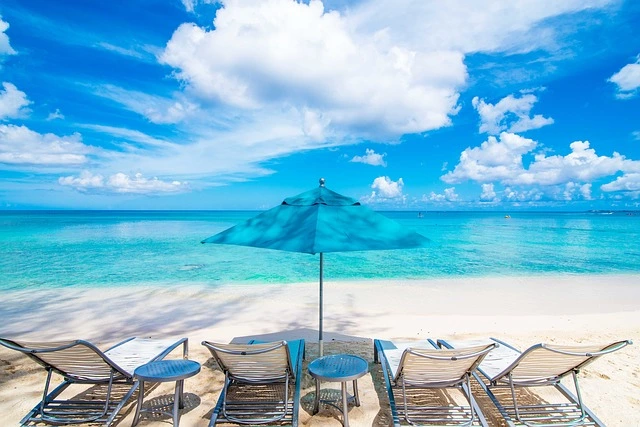 sun umbrella and chairs on a beach in Mexico